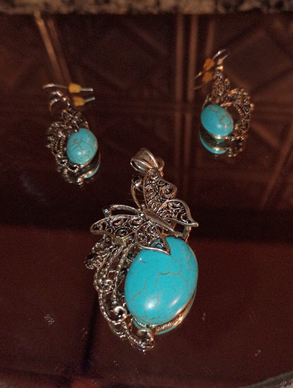 Turquoise Butterfly Pendant and Earrings Set